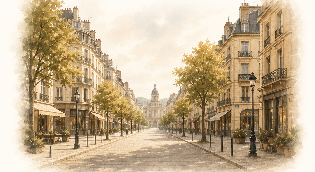 Calm European street illustration — quiet local civic atmosphere